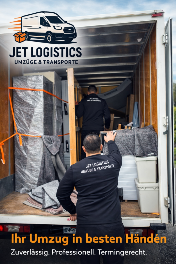 Mitarbeiter von JET Logistics verladen geschützte Möbel in einen Transporter