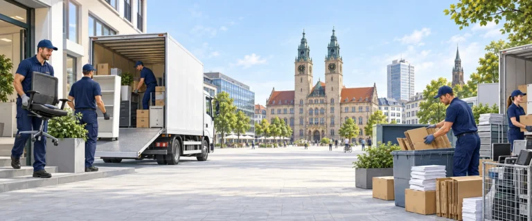 Illustration einer Entrümpelung mit Möbelabtransport und Chemnitzer Stadtkulisse