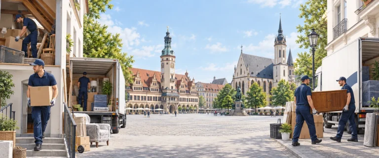 Illustration einer Entrümpelung mit Möbeln, Transporter und Leipziger Stadtkulisse