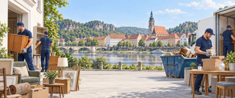 Illustration einer Haushaltsauflösung mit Möbeltransport und Stadtkulisse von Pirna